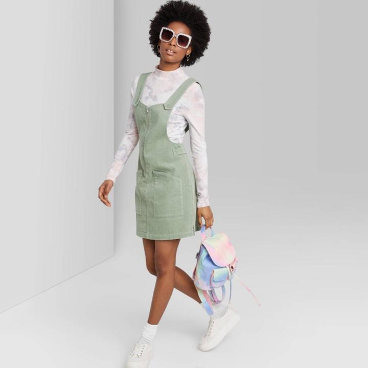 Women's Sleeveless Square Neck Corduroy Zip Front Mini Pinafore - Wild Fable Green