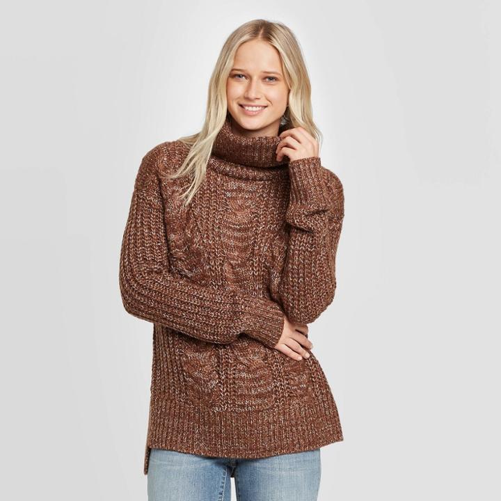 Women's Long Sleeve Cowl Neck Tunic Sweater - Universal Thread Brown