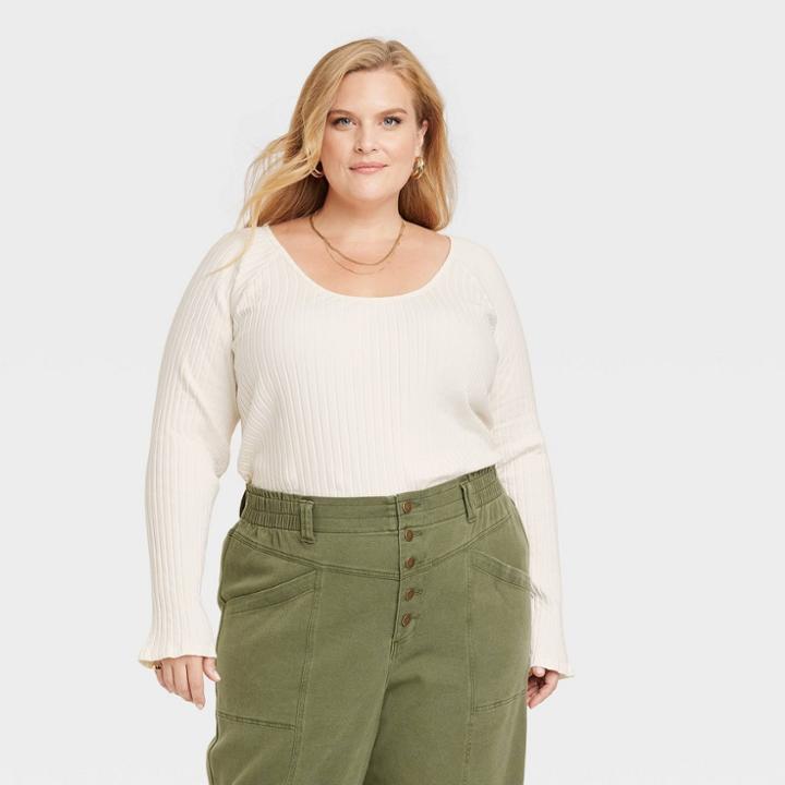 Women's Plus Size Slim Fit Long Sleeve Ribbed T-shirt - Knox Rose White