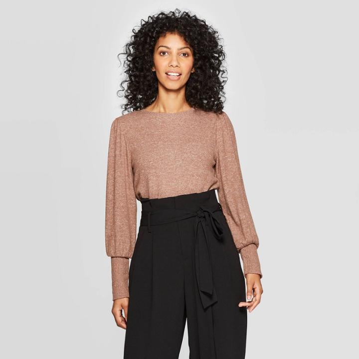 Women's Long Sleeve Crewneck Drapey T-shirt - A New Day Brown
