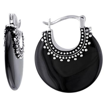 No Brand Onyx Hoop Earrings With Sterling Silver Accents In Sterling Silver - Black, Women's, White