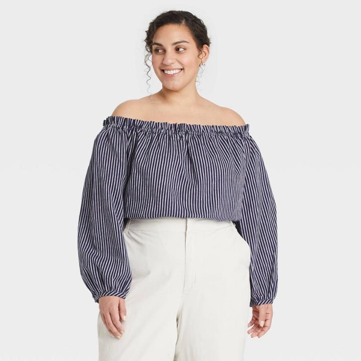 Women's Plus Size Long Sleeve Off The Shoulder Top - A New Day Navy Blue