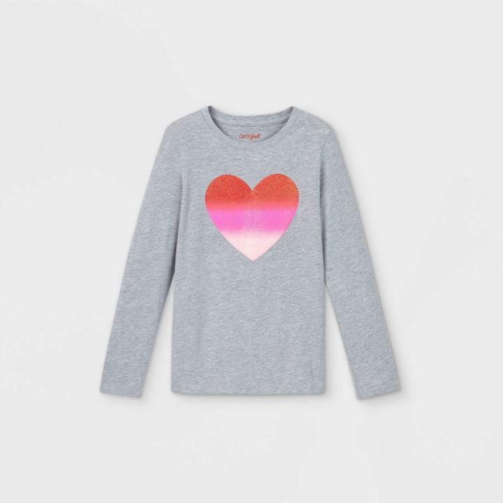Girls' Glitter Ombre Heart Graphic Long Sleeve T-shirt - Cat & Jack Gray