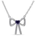 Distributed By Target 0.3 Ct. T.w. Heart Shaped Created Blue Sapphire Bow Pendant Necklace In Sterling Silver