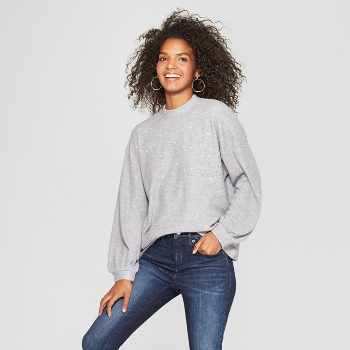 Women's Long Sleeve Pearl Detail Turtleneck Sweatshirt - 3hearts (juniors') Heather Gray