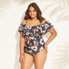 Women's Plus Size Ruffle Cold Shoulder One Piece Swimsuit - Sea Angel Grey Floral 3x,