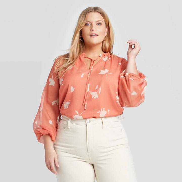 Women's Plus Size Floral Print Long Sleeve Tie V-neck Blouse - Ava & Viv Coral X, Women's