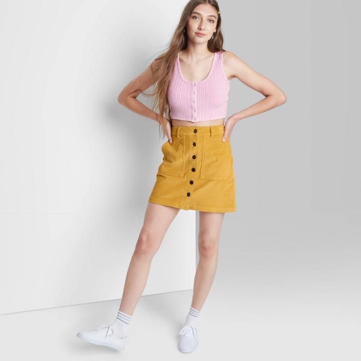 Women's Button-front Cord Mini A-line Skirt - Wild Fable Mustard