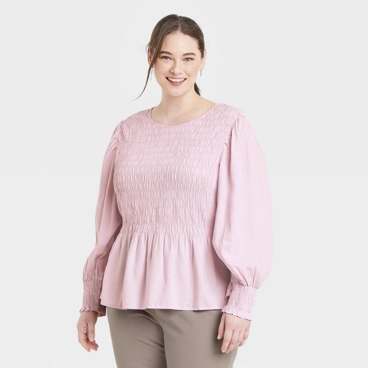 Women's Plus Size Long Sleeve Smocked Top - A New Day Light Purple
