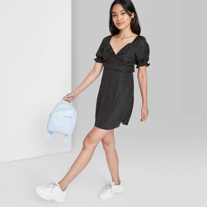 Women's Short Sleeve Satin Skater Dress - Wild Fable Black