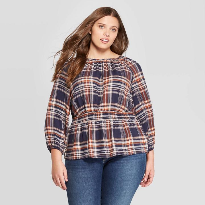 Women's Plus Size Plaid Long Sleeve Round Neck Smocked Waist Top - Universal Thread Navy 4x, Size: