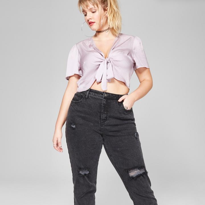 Women's Plus Size High-rise Destructed Mom Jeans - Wild Fable Black Wash