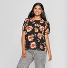 Women's Plus Size Floral Print Short Sleeve Boxy Ruffle T-shirt - Who What Wear Black X, Black Floral