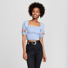 Women's Striped Square Neck Short Sleeve Smocked Cropped Top - Xhilaration Blue