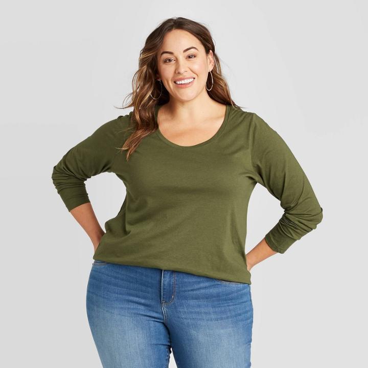 Women's Plus Size Long Sleeve T-shirt - Ava & Viv Olive 1x, Women's, Size: