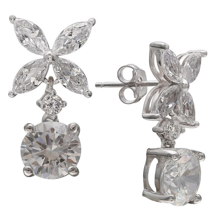 Target Women's Cubic Zirconia Flower And Round Drop Earrings In Sterling Silver - Silver/clear