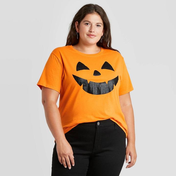 Zoe+liv Women's Plus Size Jack O'lantern Glitter Face Halloween Short Sleeve Graphic T-shirt - Orange