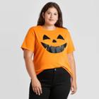 Zoe+liv Women's Plus Size Jack O'lantern Glitter Face Halloween Short Sleeve Graphic T-shirt - Orange