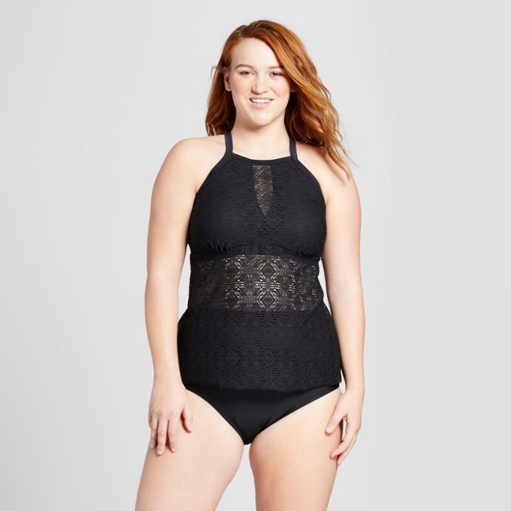 Costa Del Sol Women's Plus Size Crochet High Neck Tankini - Black