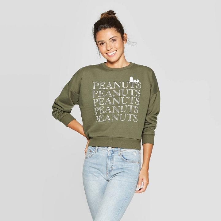 Women's Peanuts Snoopy Long Sleeve Graphic Sweatshirt (juniors') - Olive