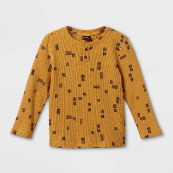 Toddler Boys' Cozy Waffle Square Print Long Sleeve Henley Shirt - Art Class Yellow
