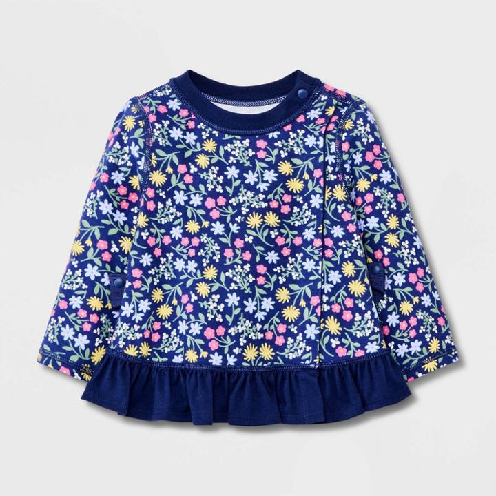 Baby Girls' Floral Adaptive Ruffle Long Sleeve Snap Top - Cat & Jack Navy Blue/green/white
