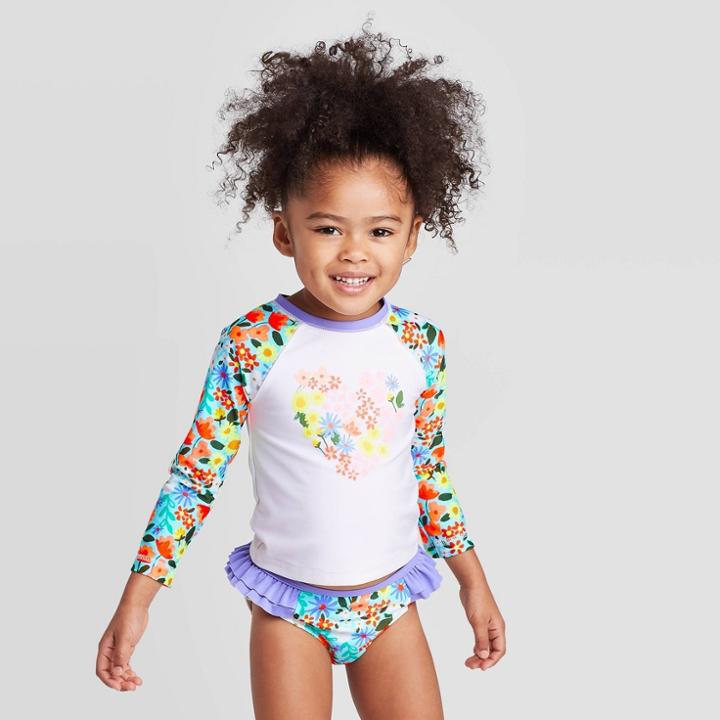 Toddler Girls' Heart Floral Long Sleeve Rash Guard Set - Cat & Jack True White 12m, Toddler Girl's
