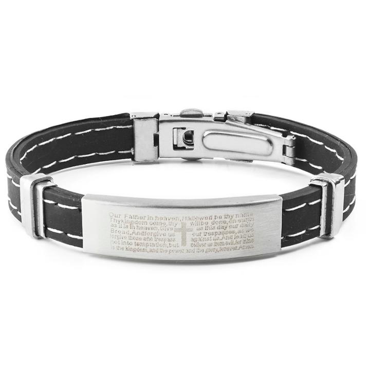 Men's West Coast Jewelry Stainless Steel Lord's Prayer Id Plate Rubber Bracelet, Black
