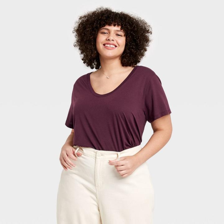 Women's Plus Size Short Sleeve V-neck T-shirt - A New Day Burgundy