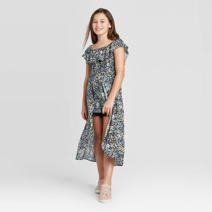 Girls' Smocked Walk-through Floral Dress - Art Class Black S, Girl's,