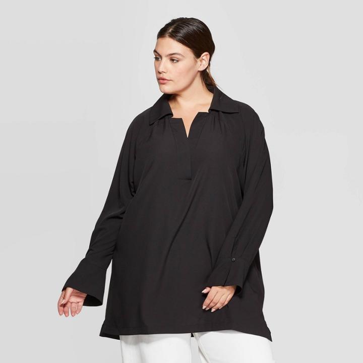 Women's Plus Size Long Sleeve Collared Tunic - Prologue Black