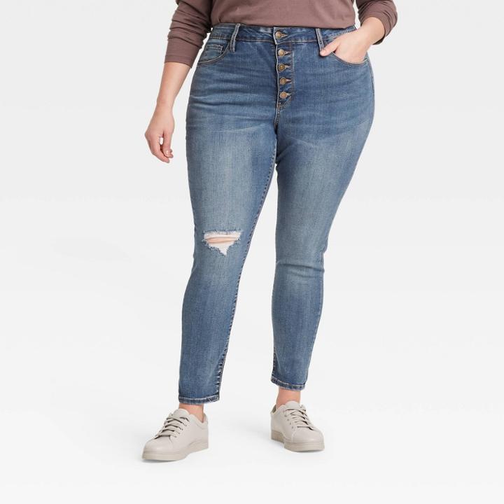 Women's Plus Size High-rise Distressed Skinny Jeans - Ava & Viv Medium Wash 14w,