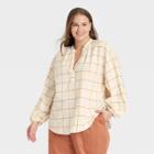 Women's Plus Size Balloon Long Sleeve Popover Blouse - A New Day Rust Plaid