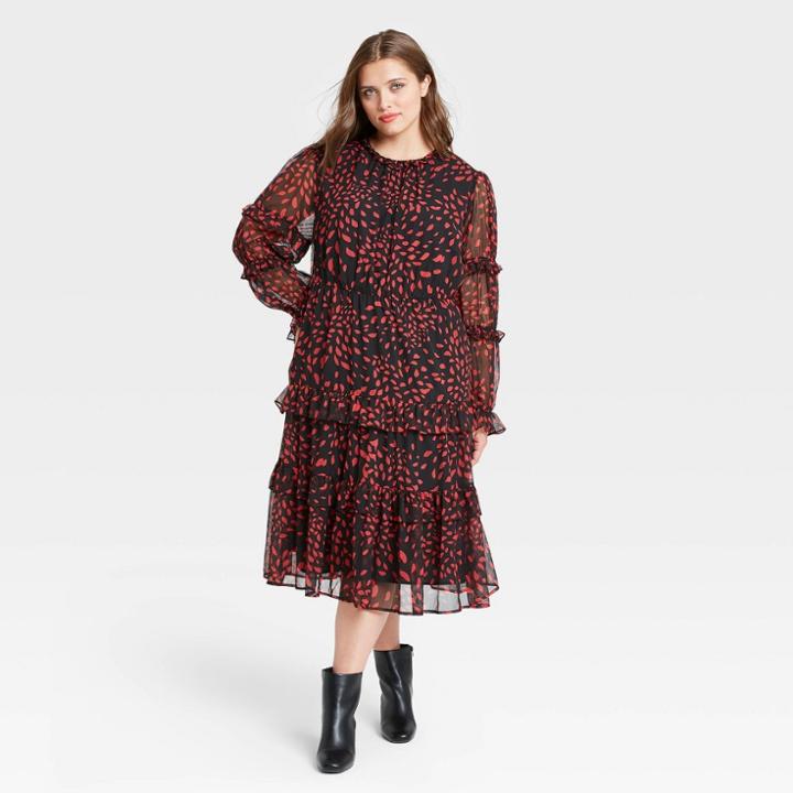 Women's Plus Size Floral Print Balloon Long Sleeve Dress - Who What Wear Black