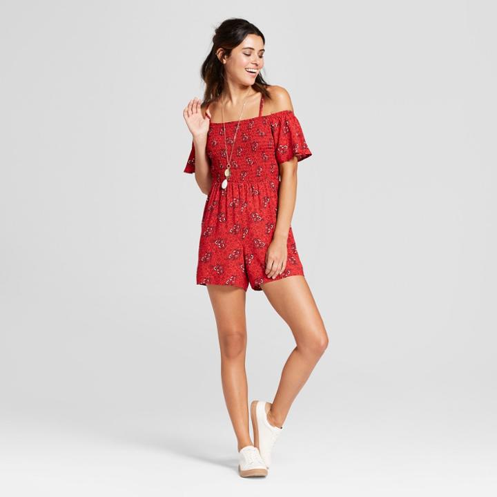 Women's Floral Print Smocked Off The Shoulder Romper - Lots Of Love By Speechless (juniors') Red