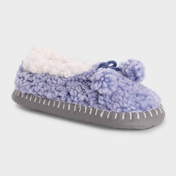 Muk Luks Women's Sherpa Ballerina Slipper Socks With Poms - Blue