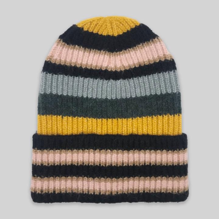 Women's Striped Multi Stripe Beanie - A New Day Black
