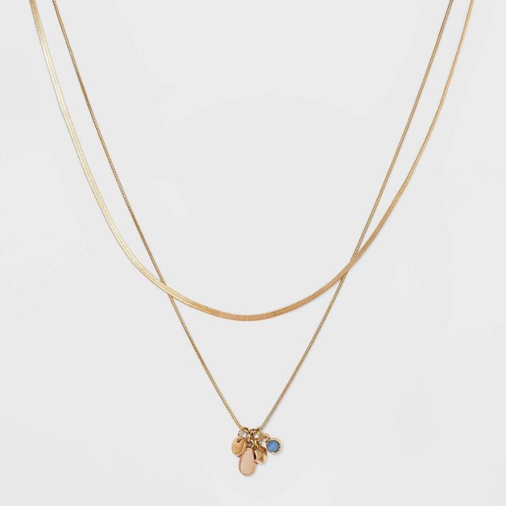 Worn Gold With Semi-precious Aventurine Charms Chain Necklace - Universal Thread Light Pink/blue
