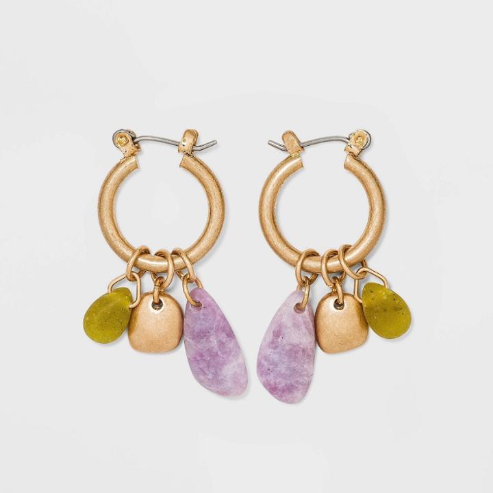 Semi-precious Lepidolite And Lemon Green Agate Worn Gold Hoop Earrings - Universal Thread