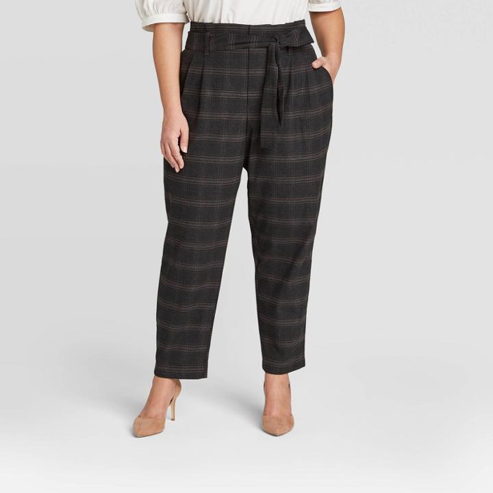 Women's Plus Size Plaid Paperbag Waist Pants - A New Day Charcoal Gray