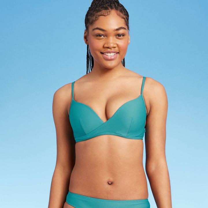 Women's Lightly Lined Wrap Front Textured Bikini Top - Shade & Shore Pool Blue