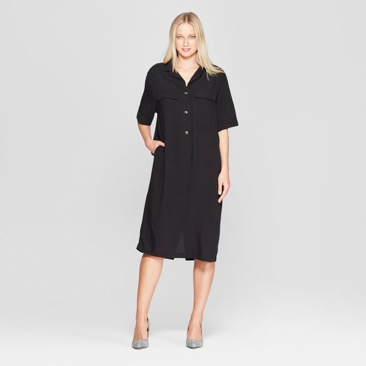 Women's Short Sleeve Duo Front Pocket Button Detail Utility Dress - Who What Wear Black