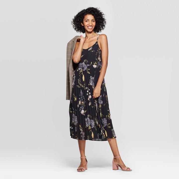 Women's Floral Print Sleeveless Scoop Neck Pleated Midi Dress - A New Day Black Xs, Women's, White