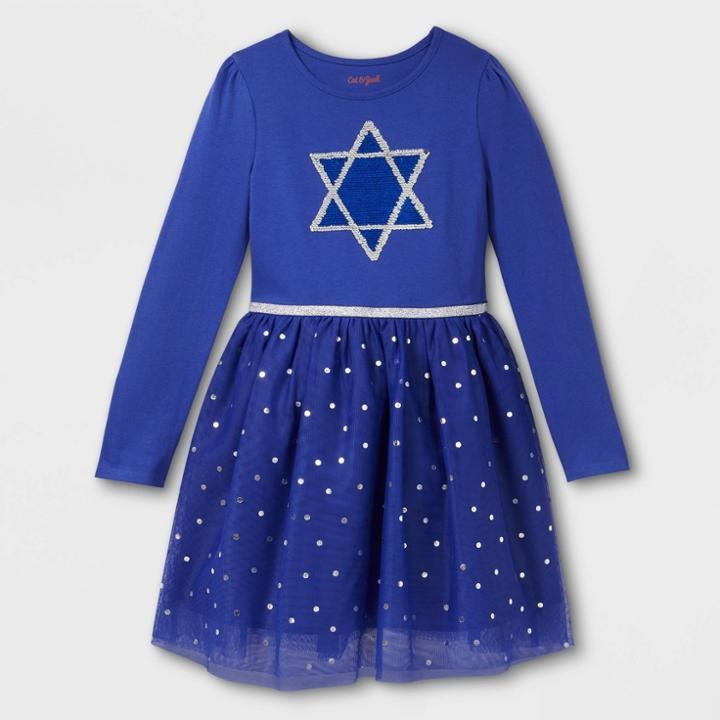 Girls' Hanukkah Star Of David Long Sleeve Dress - Cat & Jack Blue