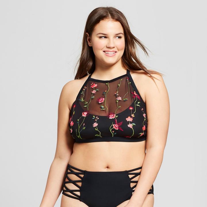 Women's Plus Size Embroidered Mesh High Neck Bikini Top - Xhilaration Black