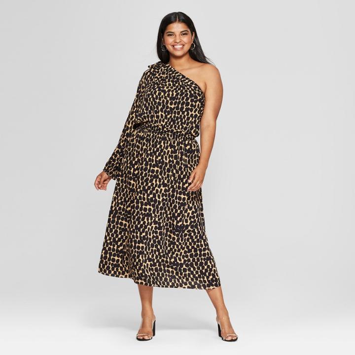 Women's Plus Size Leopard Print Long Sleeve One Shoulder Midi Dress - Who What Wear Black/yellow 4x,