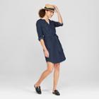 Women's Notch Neck Long Sleeve Denim Shirt Dress - A New Day Lexie Wash