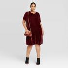 Women's Plus Size Flutter Short Sleeve Crewneck Velour Midi Dress - Ava & Viv Burgundy 2x, Women's,