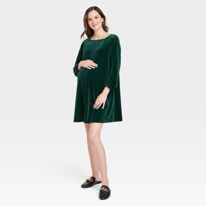 The Nines By Hatch Long Sleeve Velvet Swing Maternity Dress Green