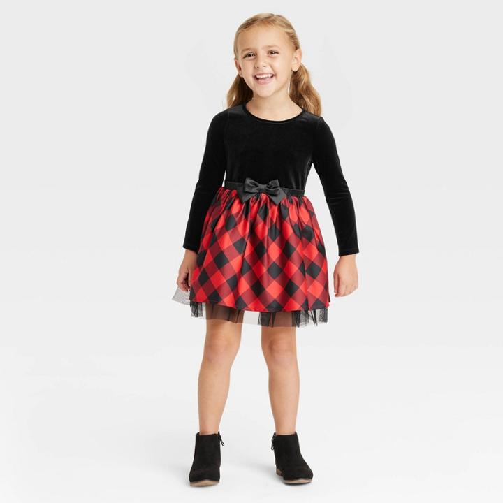 Toddler Girls' Plaid Long Sleeve Dress - Cat & Jack Black/red